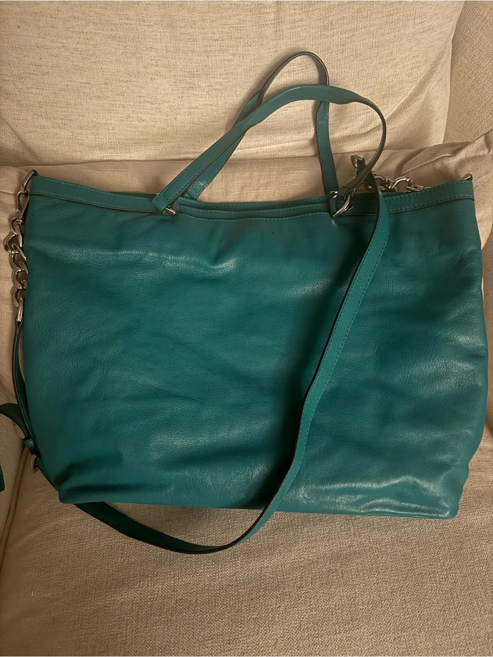 Michael Kors Teal Leather Tote with Silver Accents
